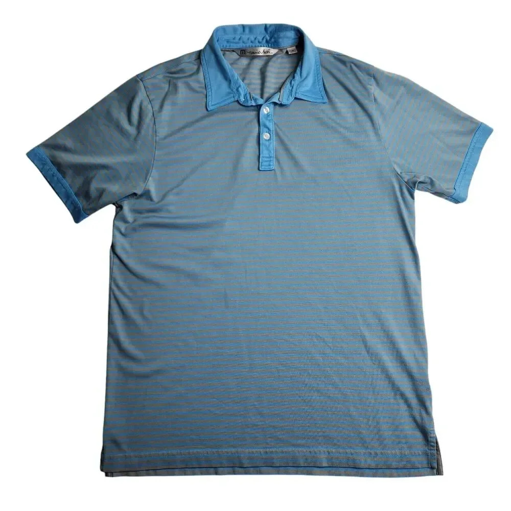 Travis Mathew Golf Polo Shirt Gray Blue Striped Stretch‎ Performance Size Medium